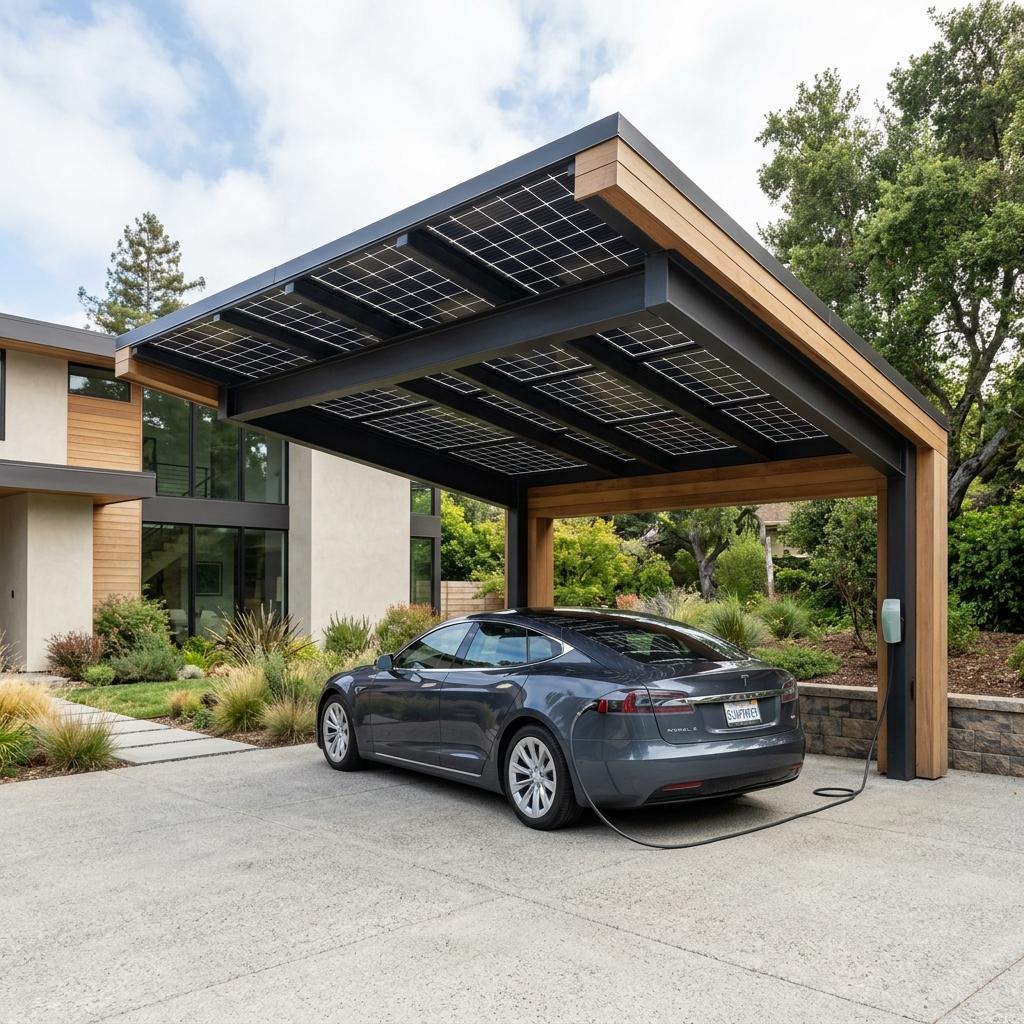 Moderner Alu-Carport mit Solarmodulen und Vorbereitung